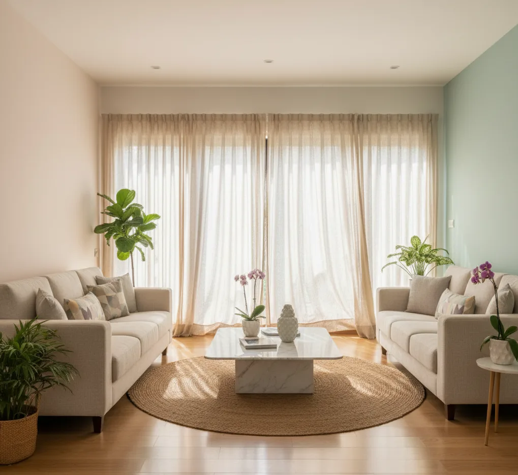 Bright interior with light-coloured walls and reflective floor surfaces